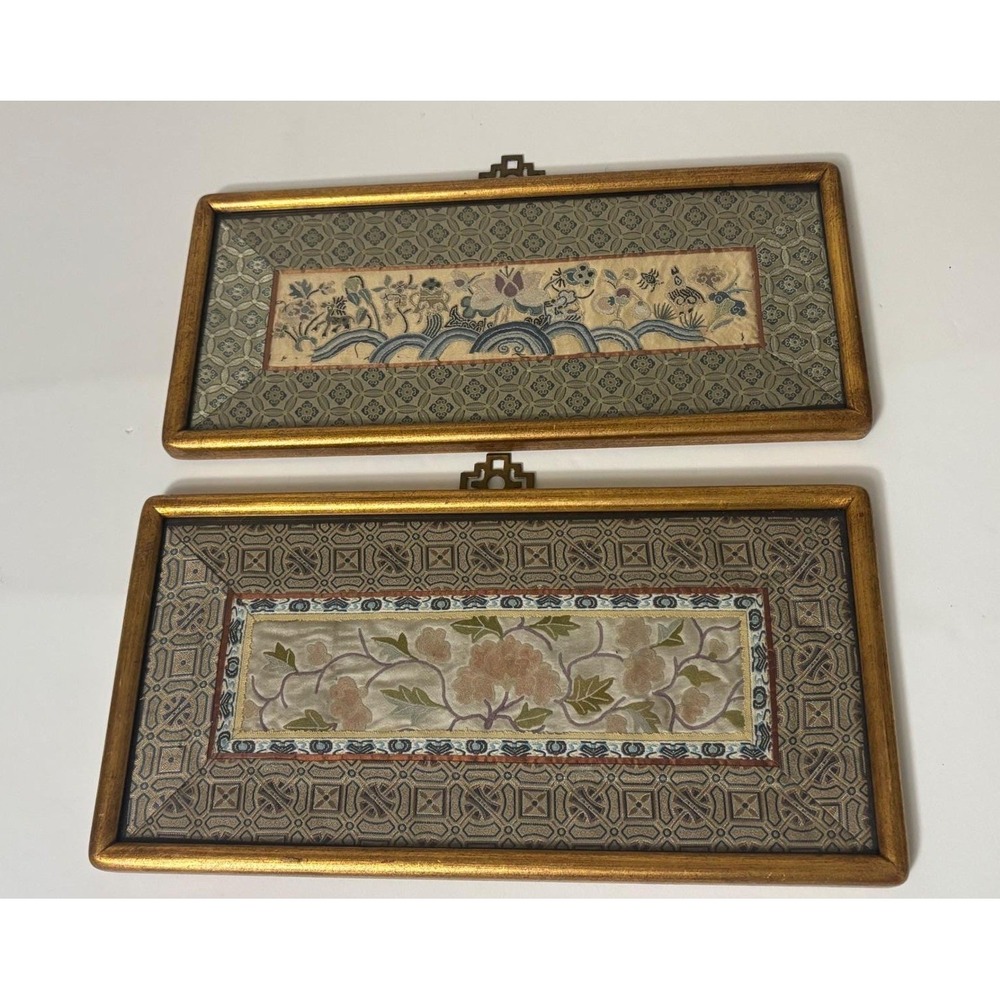 Vintage Chinese Silk Embroidery Framed Art Pair Floral Deer Gold Wood 19 Century